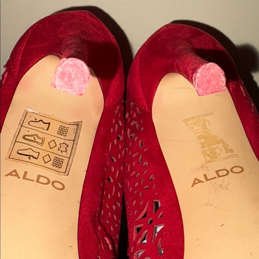 Aldo open toe heeled boots Red suede like cut out Lace look 4โ heel size 7 - Picture 10 of 10